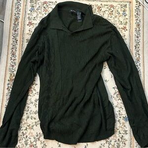 Dark Green Ribbed Collared Polo Sweater Minimal Classy Knit